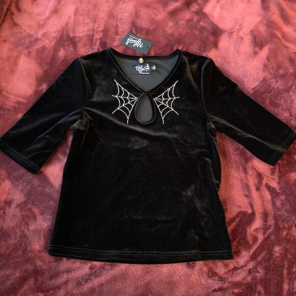 Hell Bunny Tops - NWT Hell Bunny Black Velvet Spider Web shirt -S UK 10